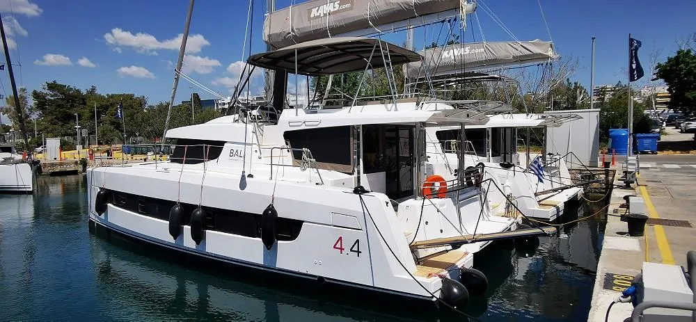 Exterior view of Kos 44.1, a Bali 4.4 catamaran at Athens, Greece