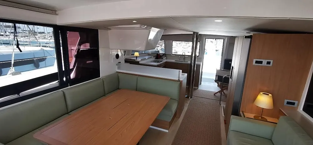 Salon of Kos 44.1, a Bali 4.4 catamaran at Athens, Greece