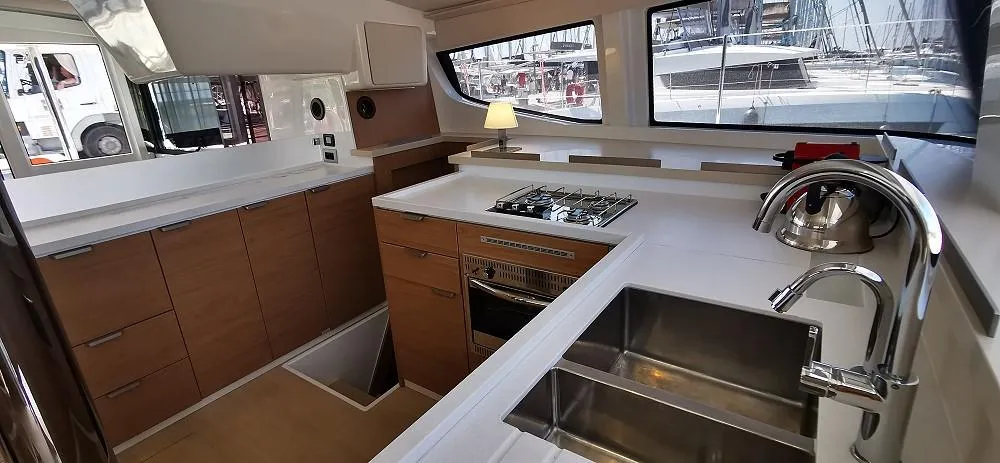 Galley of Kos 44.1, a Bali 4.4 catamaran at Athens, Greece
