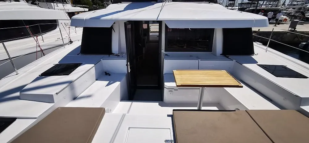 Deck of Kos 44.1, a Bali 4.4 catamaran at Athens, Greece