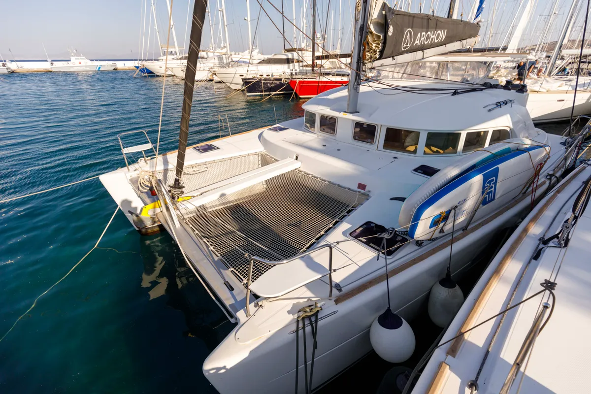 Exterior view of Astra, a Lagoon 380 S2 catamaran at Kos, Greece