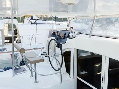 Cockpit of Astra, a Lagoon 380 S2 catamaran at Kos, Greece