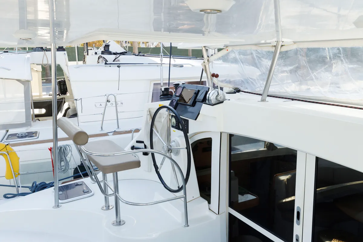 Cockpit of Astra, a Lagoon 380 S2 catamaran at Kos, Greece