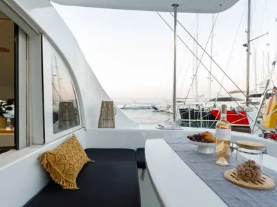 Deck of Astra, a Lagoon 380 S2 catamaran at Kos, Greece