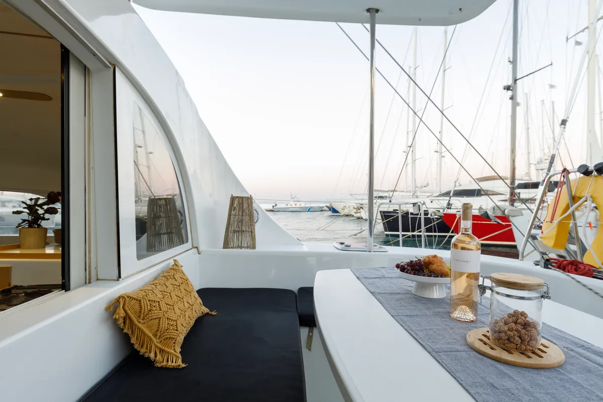 Deck of Astra, a Lagoon 380 S2 catamaran at Kos, Greece