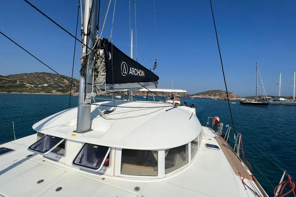 Exterior view of Astra, a Lagoon 380 S2 catamaran at Kos, Greece