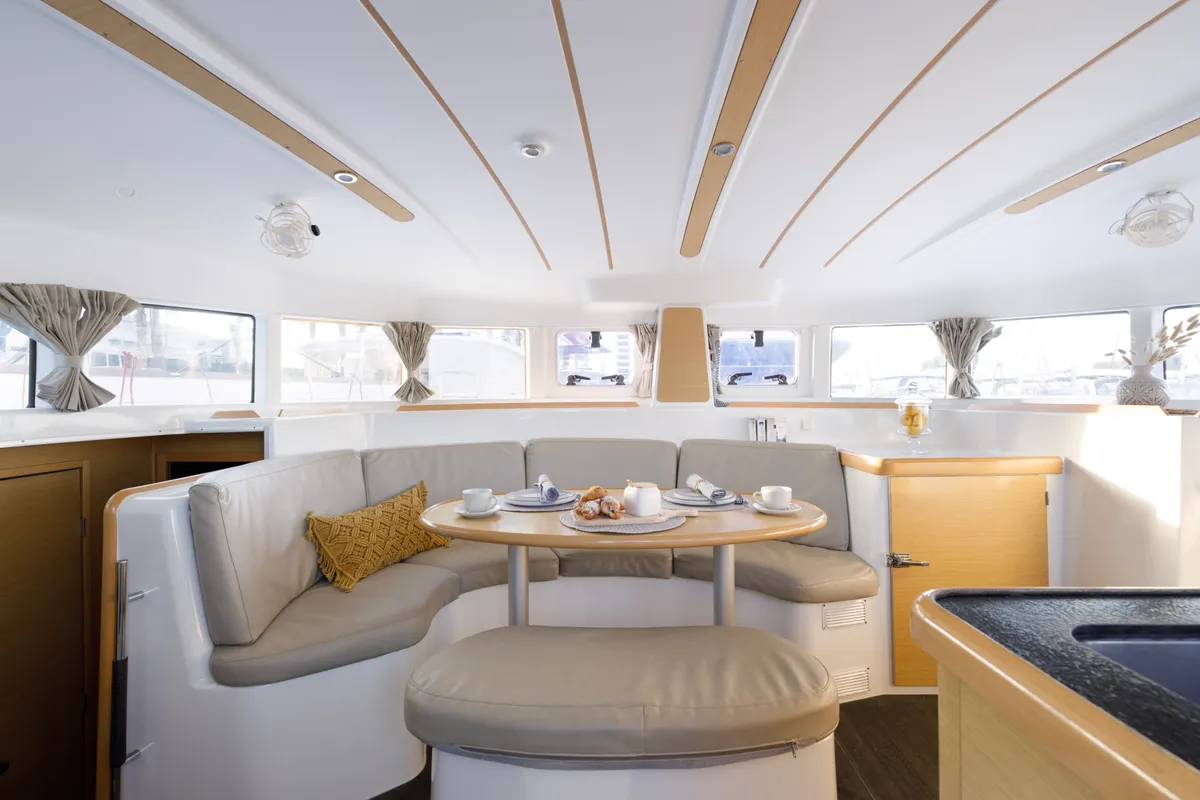 Salon of Astra, a Lagoon 380 S2 catamaran at Kos, Greece
