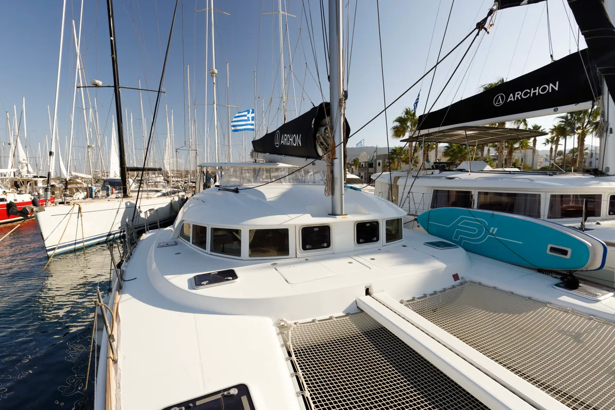 Deck of Astra, a Lagoon 380 S2 catamaran at Kos, Greece