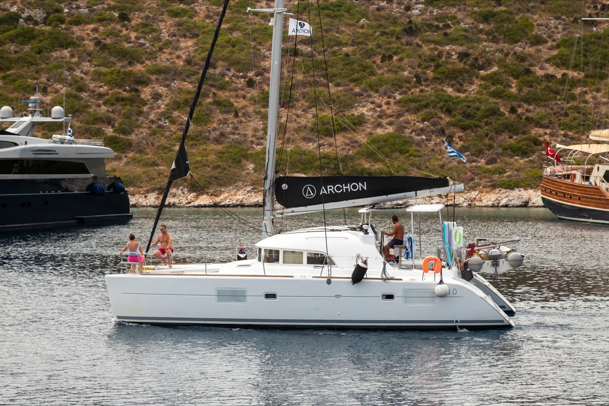 Exterior view of Astra, a Lagoon 380 S2 catamaran at Kos, Greece