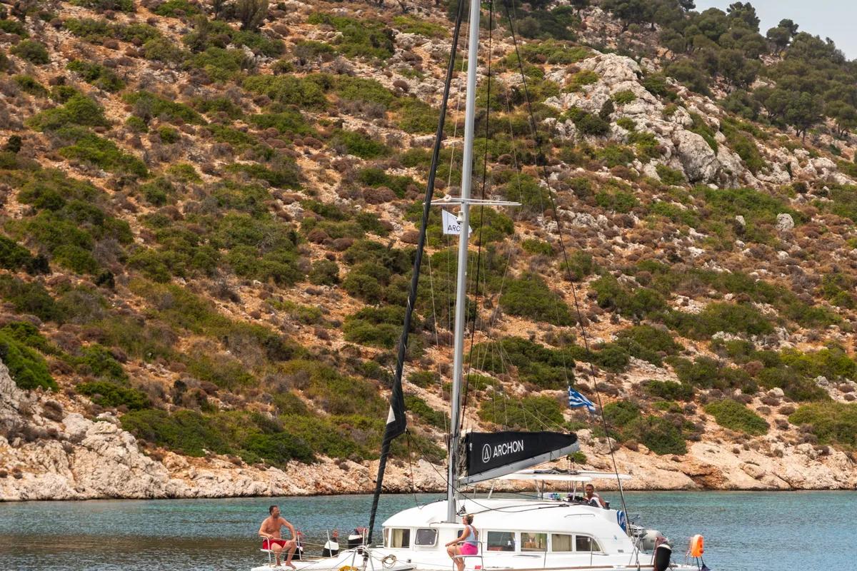 Exterior view of Astra, a Lagoon 380 S2 catamaran at Kos, Greece