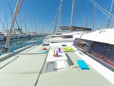 Deck of Marie, a Bali Catsmart catamaran at Volos, Greece