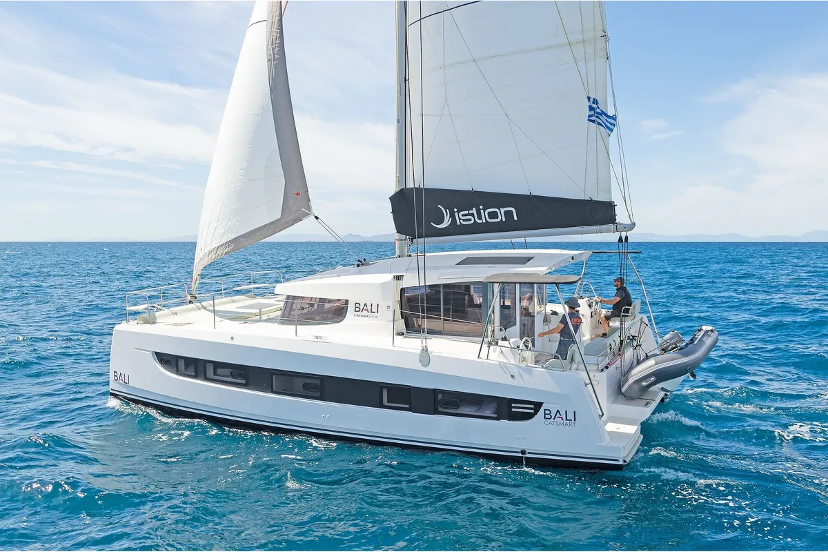Exterior view of Marie, a Bali Catsmart catamaran at Volos, Greece