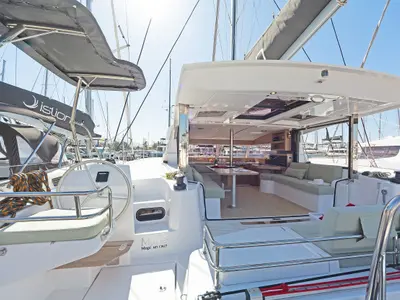 Cockpit of Marie, a Bali Catsmart catamaran at Volos, Greece
