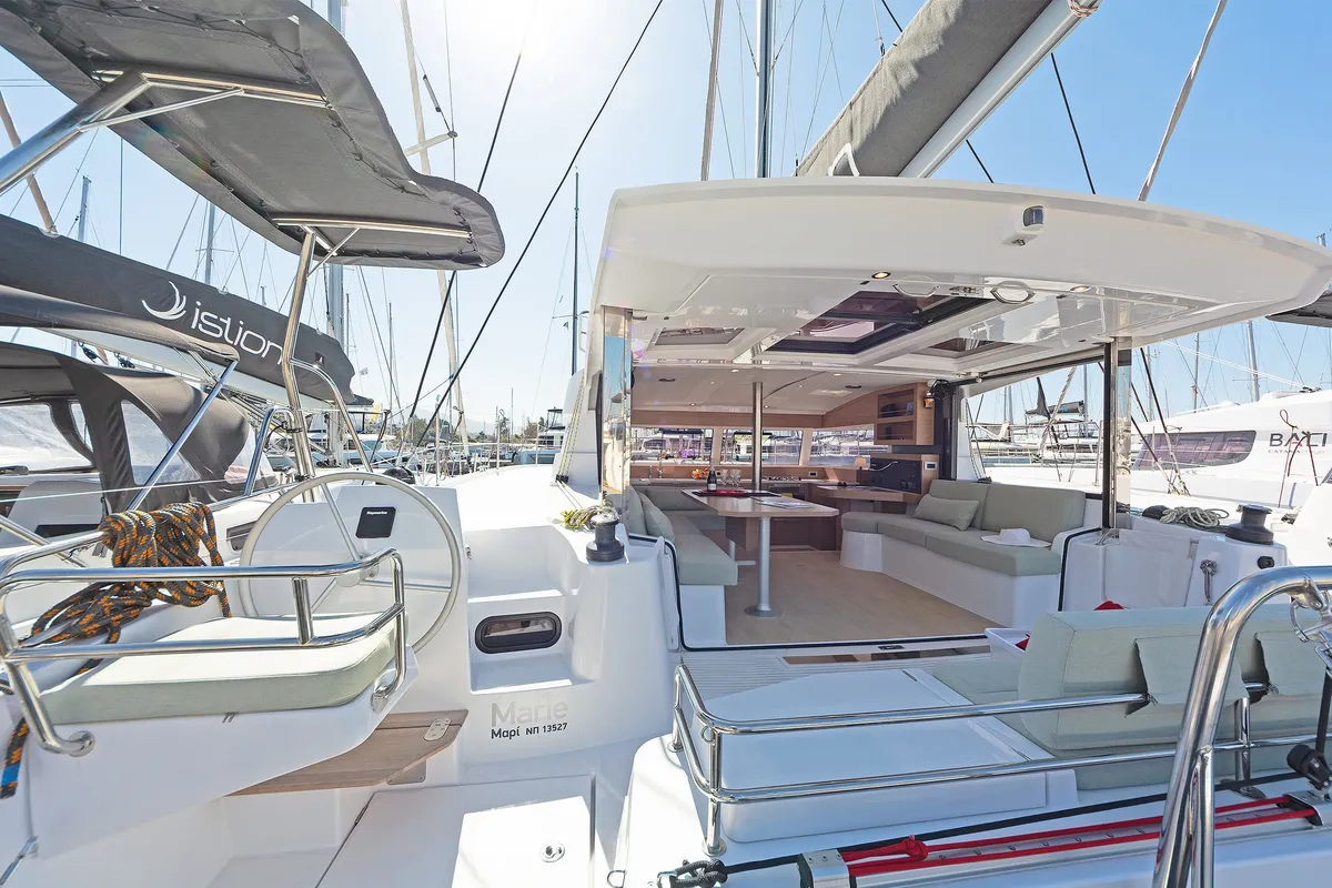 Cockpit of Marie, a Bali Catsmart catamaran at Volos, Greece