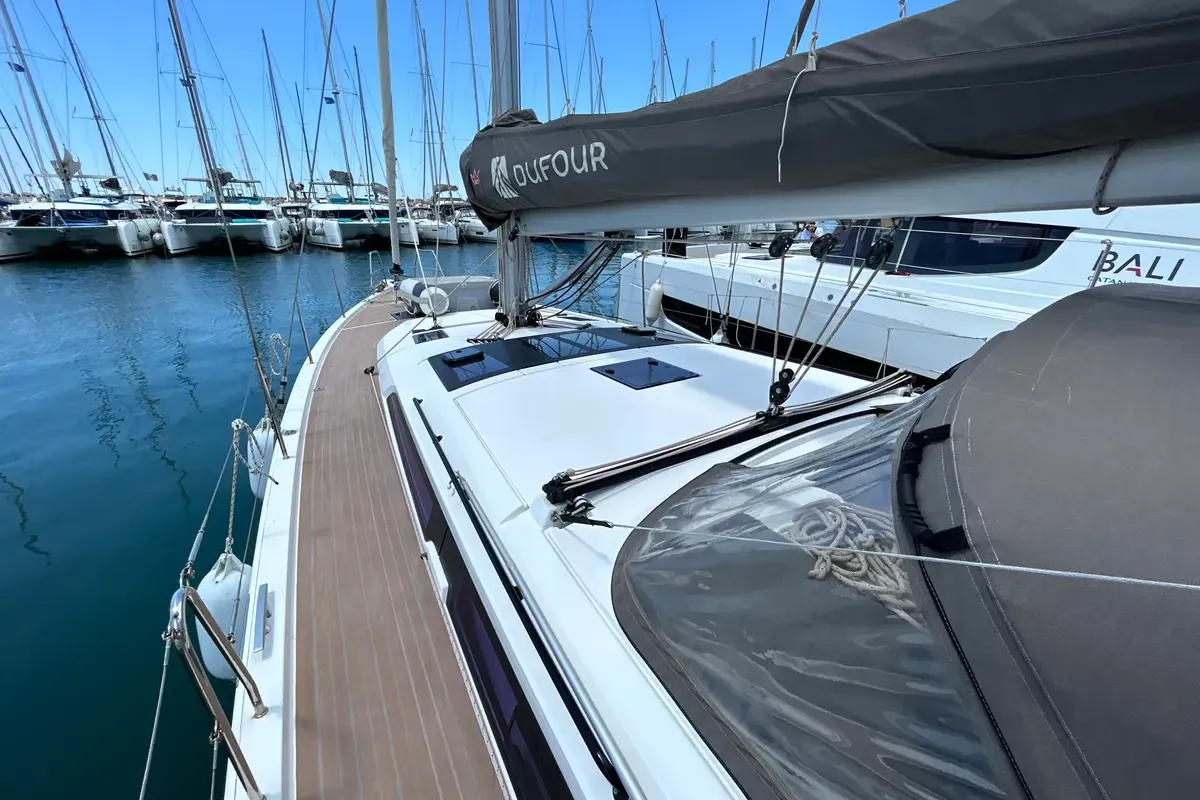 Deck of Emma, a Dufour 470 sailboat at Olbia, Italy