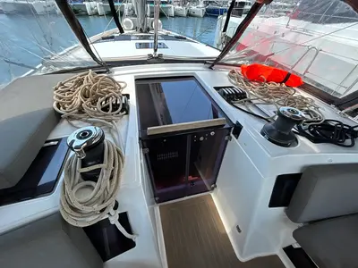 Cockpit of Emma, a Dufour 470 sailboat at Olbia, Italy