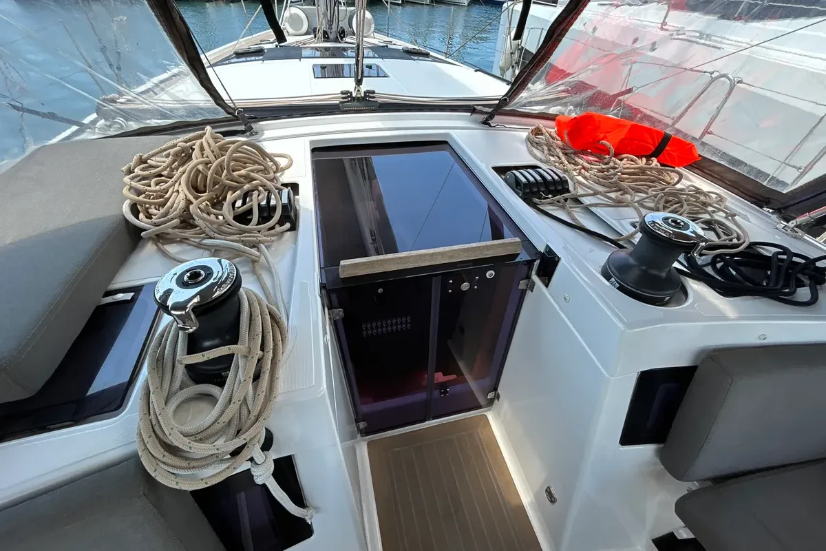 Cockpit of Emma, a Dufour 470 sailboat at Olbia, Italy