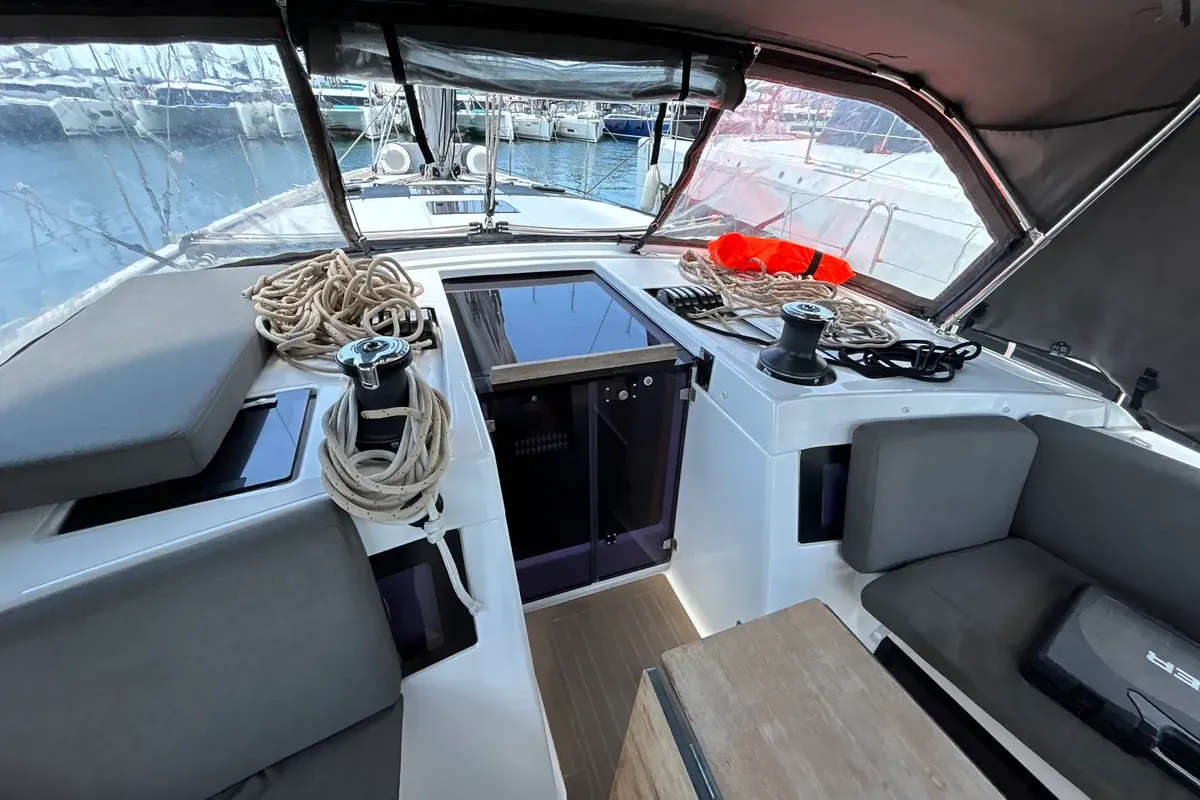 Cockpit of Emma, a Dufour 470 sailboat at Olbia, Italy
