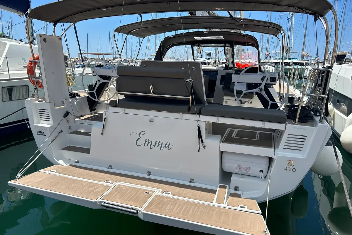 Deck of Emma, a Dufour 470 sailboat at Olbia, Italy