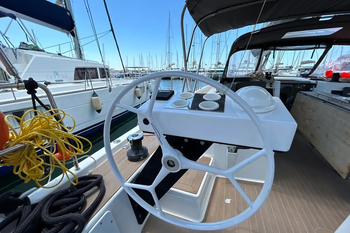 Cockpit of Emma, a Dufour 470 sailboat at Olbia, Italy