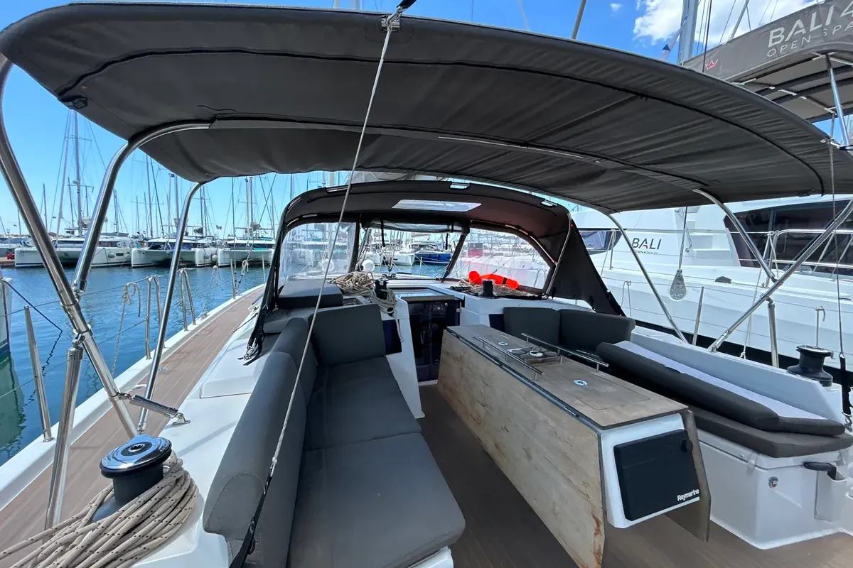 Deck of Emma, a Dufour 470 sailboat at Olbia, Italy