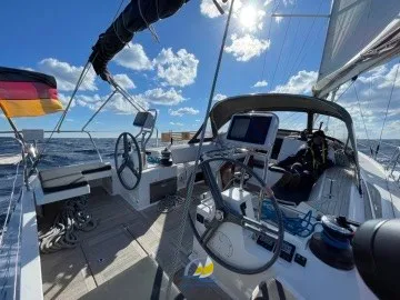 Cockpit of Fifty Shades, a Elan Impression 50 sailboat at es Jonquet, Spain
