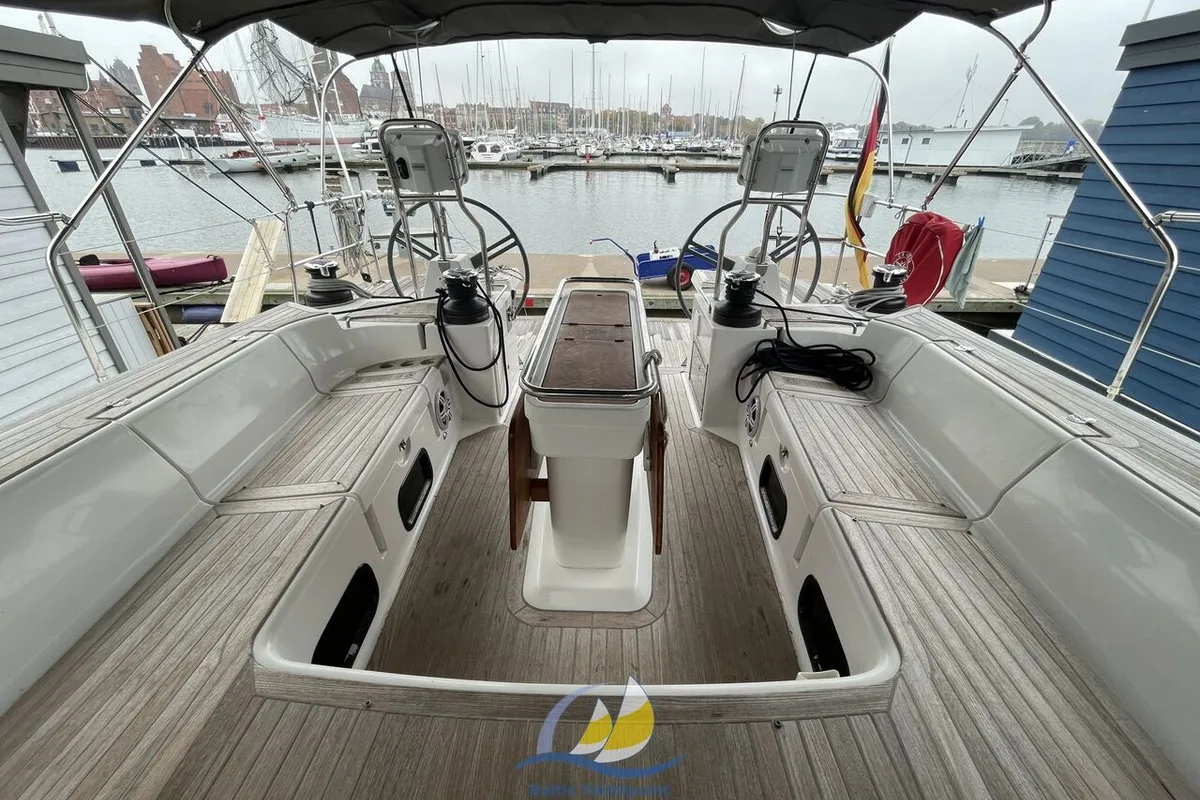 Cockpit of Fifty Shades, a Elan Impression 50 sailboat at es Jonquet, Spain