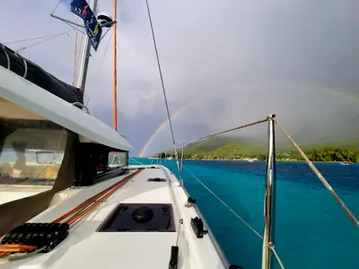 Deck of Mara’amu, a Excess 11 catamaran at Papeete, France