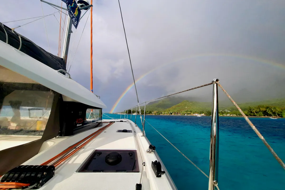 Deck of Mara’amu, a Excess 11 catamaran at Papeete, France
