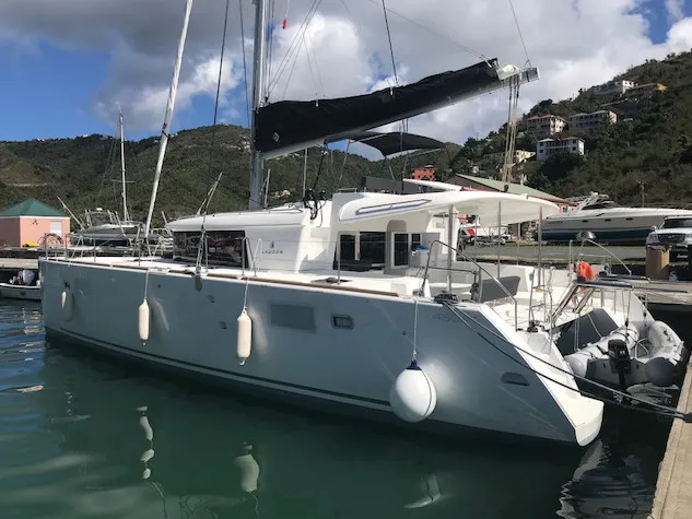 Paula, a Lagoon 450 Fly catamaran at Sant Antoni de Portmany, Spain