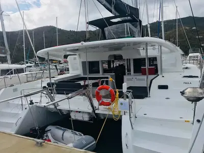 Paula, a Lagoon 450 Fly catamaran at Sant Antoni de Portmany, Spain