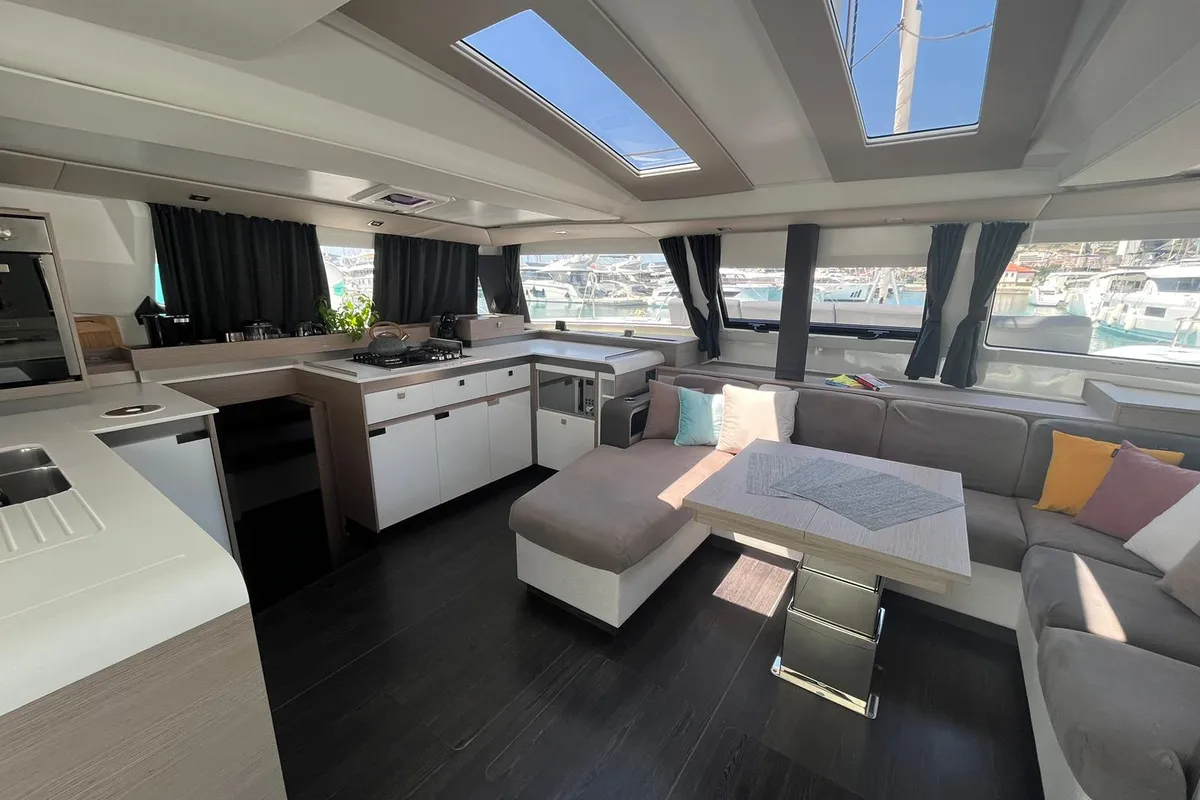 Salon of DREAMCATCHER, a Fountaine Pajot Elba 45 catamaran at Seget Donji, Croatia