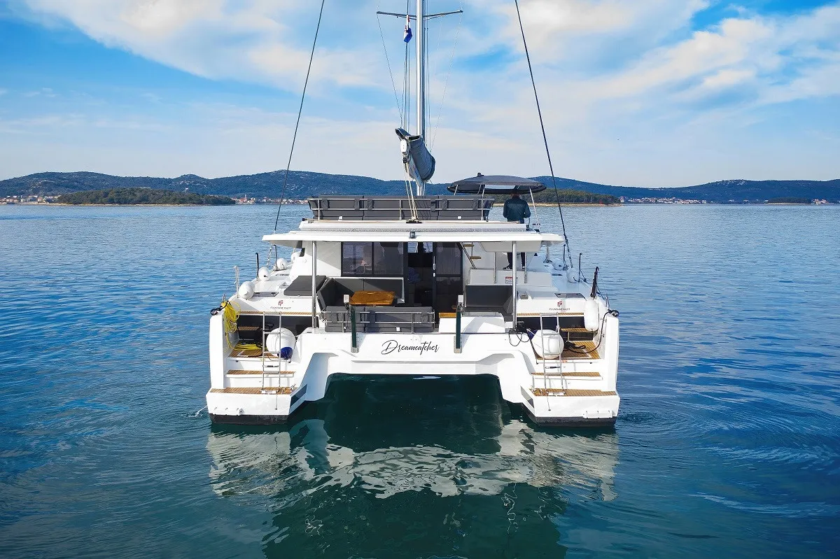 Exterior view of DREAMCATCHER, a Fountaine Pajot Elba 45 catamaran at Seget Donji, Croatia