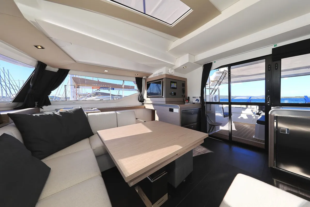 Salon of DREAMCATCHER, a Fountaine Pajot Elba 45 catamaran at Seget Donji, Croatia