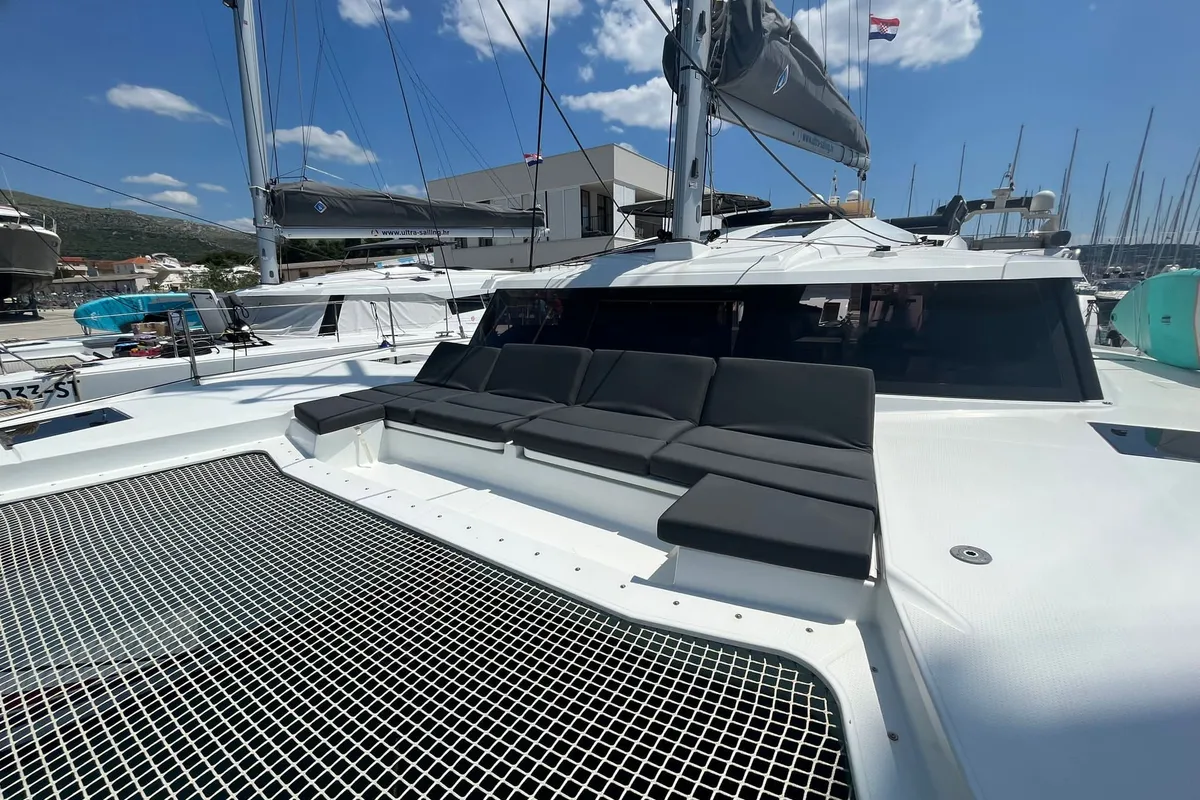 Deck of DREAMCATCHER, a Fountaine Pajot Elba 45 catamaran at Seget Donji, Croatia