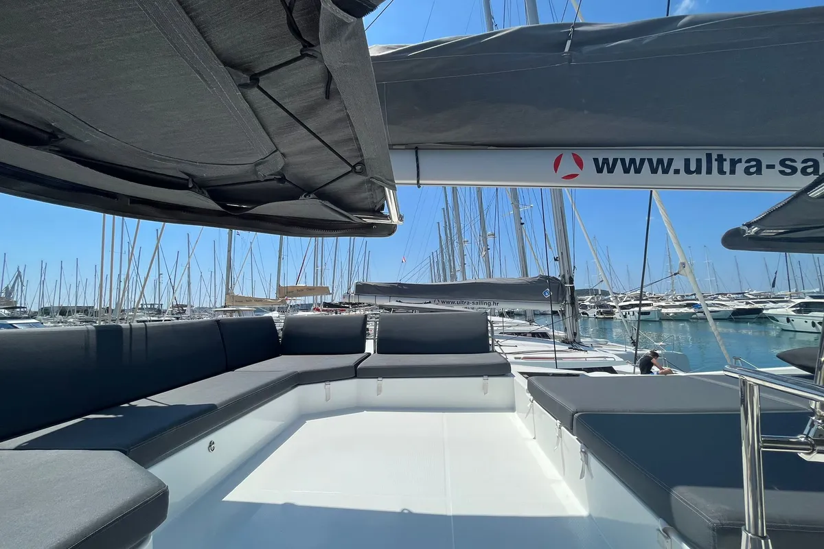 Deck of DREAMCATCHER, a Fountaine Pajot Elba 45 catamaran at Seget Donji, Croatia