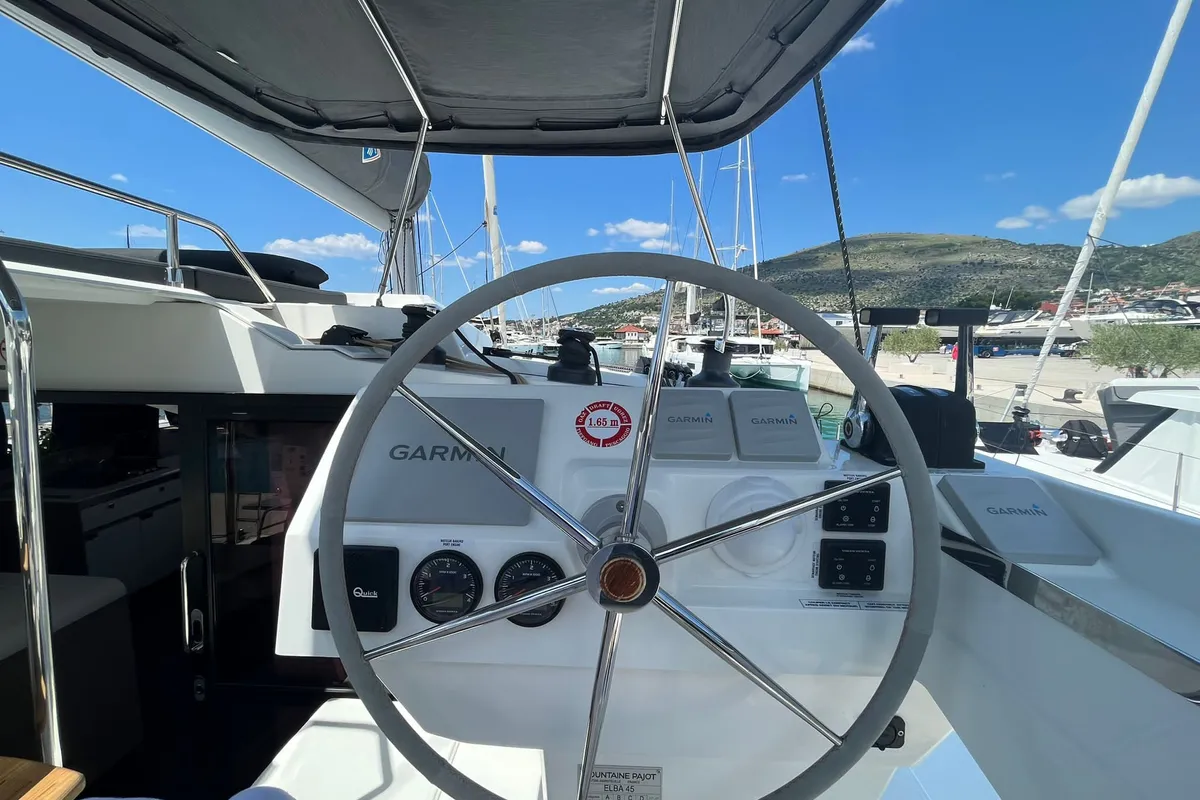 Cockpit of DREAMCATCHER, a Fountaine Pajot Elba 45 catamaran at Seget Donji, Croatia