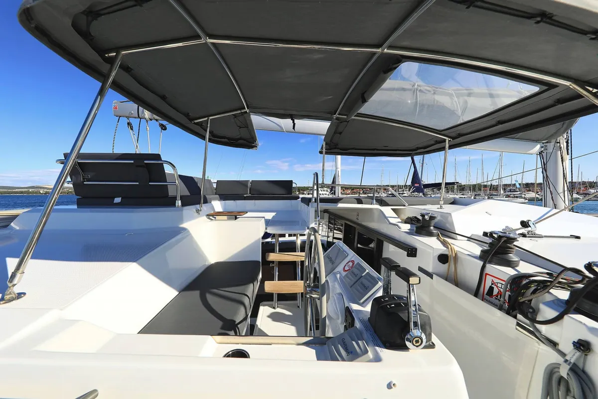 Deck of DREAMCATCHER, a Fountaine Pajot Elba 45 catamaran at Seget Donji, Croatia