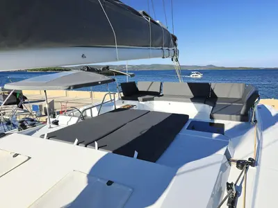 Deck of DREAMCATCHER, a Fountaine Pajot Elba 45 catamaran at Seget Donji, Croatia