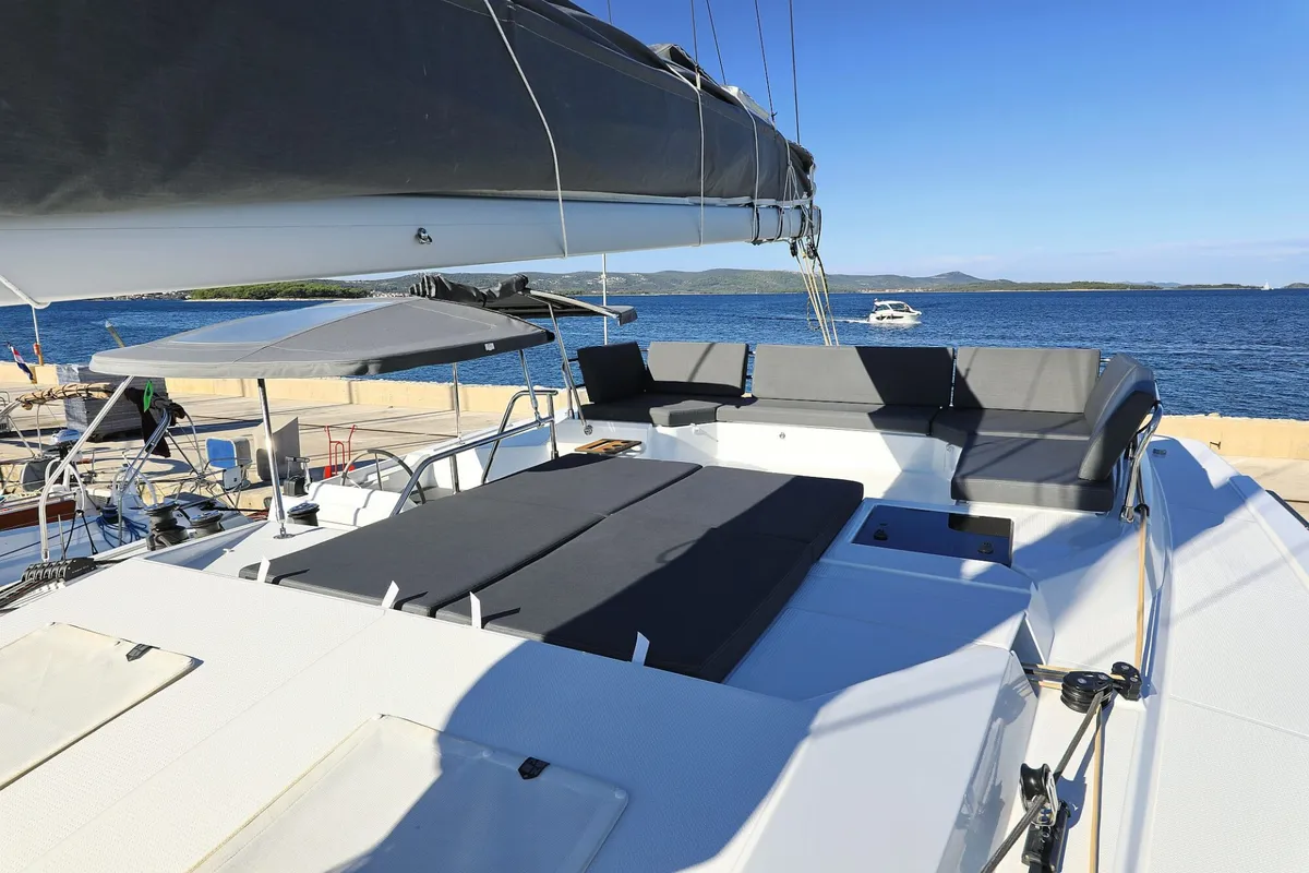 Deck of DREAMCATCHER, a Fountaine Pajot Elba 45 catamaran at Seget Donji, Croatia