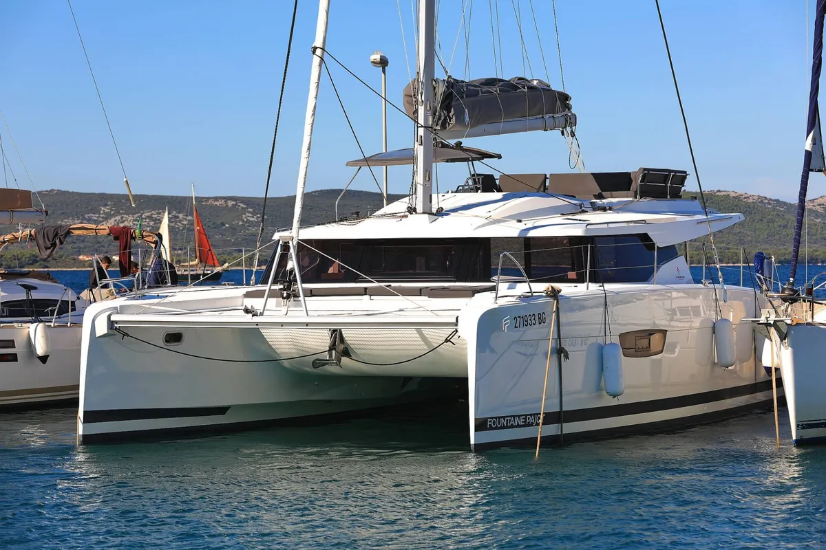 Exterior view of DREAMCATCHER, a Fountaine Pajot Elba 45 catamaran at Seget Donji, Croatia