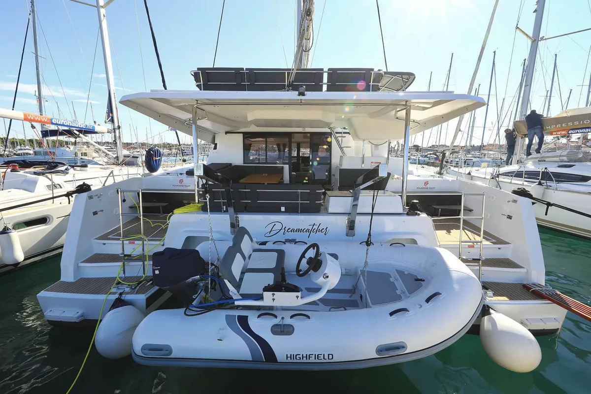 Exterior view of DREAMCATCHER, a Fountaine Pajot Elba 45 catamaran at Seget Donji, Croatia