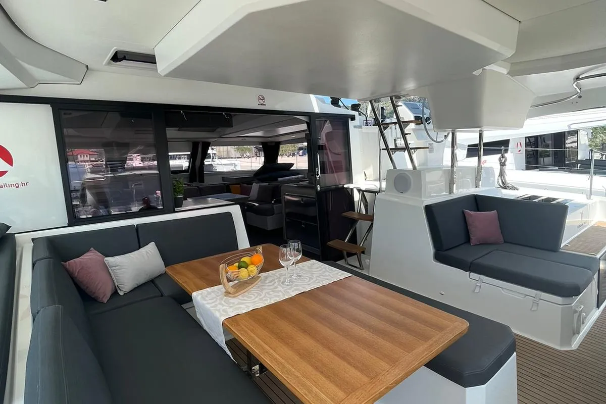 Deck of DREAMCATCHER, a Fountaine Pajot Elba 45 catamaran at Seget Donji, Croatia
