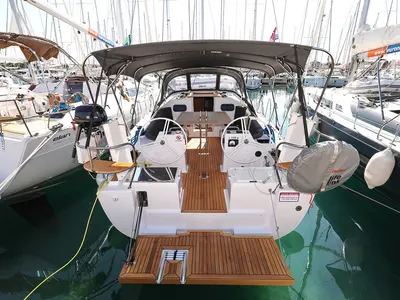 Cockpit of Sv. Nikola, a Elan Impression 40.1 sailboat at Grad Biograd na Moru, Croatia