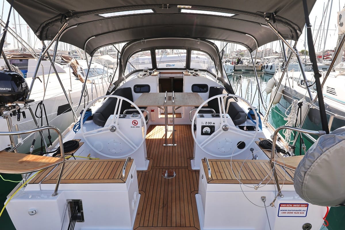 Cockpit of Sv. Nikola, a Elan Impression 40.1 sailboat at Grad Biograd na Moru, Croatia