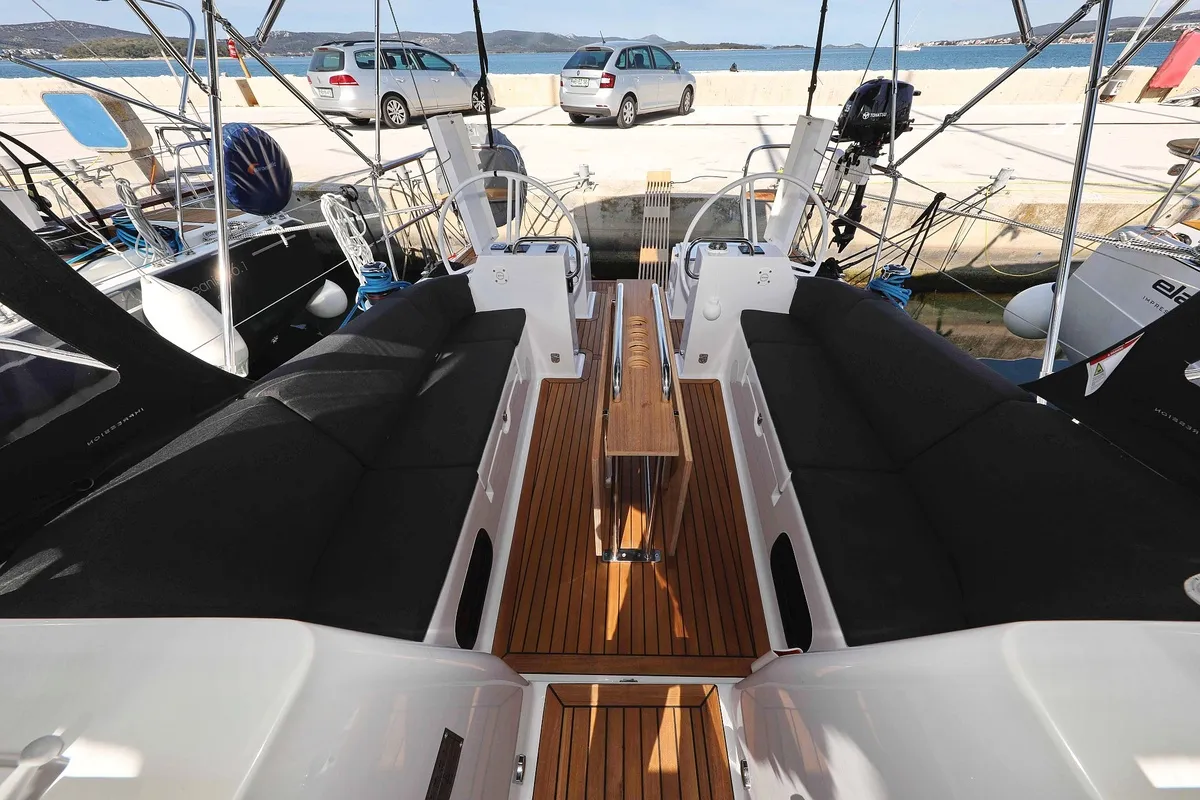 Cockpit of Sv. Nikola, a Elan Impression 40.1 sailboat at Grad Biograd na Moru, Croatia