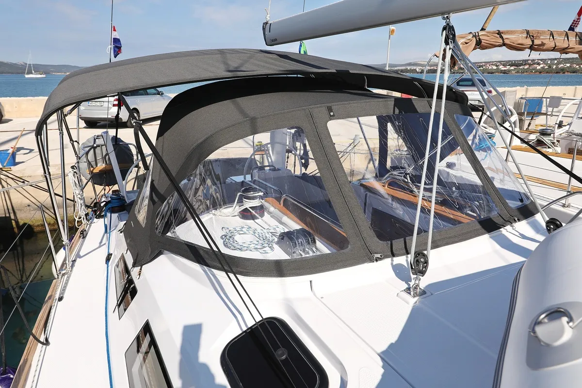 Cockpit of Sv. Nikola, a Elan Impression 40.1 sailboat at Grad Biograd na Moru, Croatia