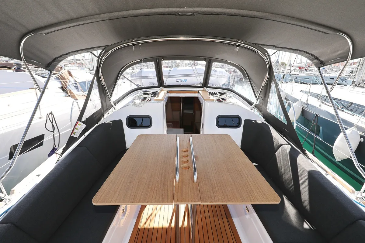 Cockpit of Sv. Nikola, a Elan Impression 40.1 sailboat at Grad Biograd na Moru, Croatia