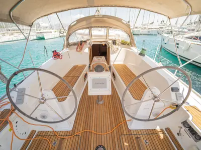 Deck of Enja, a Bavaria Cruiser 41 sailboat at Grad Kaštela, Croatia