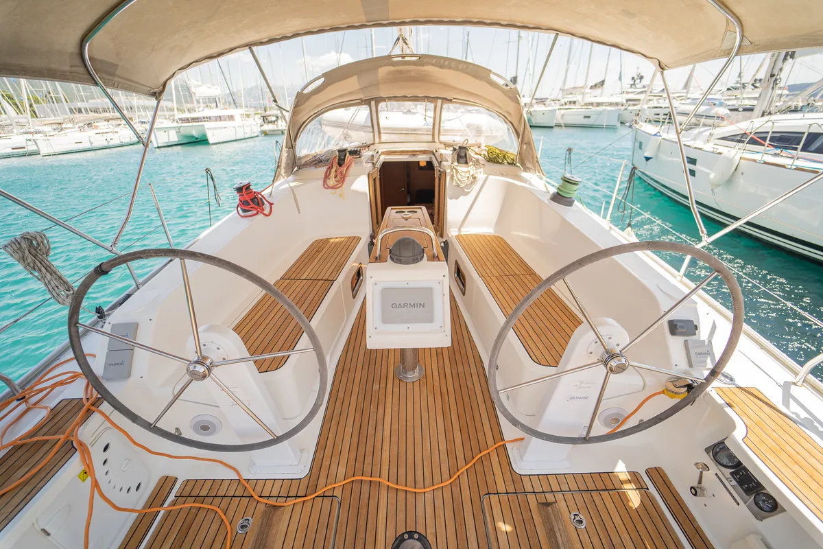 Deck of Enja, a Bavaria Cruiser 41 sailboat at Grad Kaštela, Croatia
